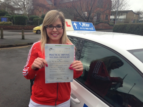 Passed on 29th January 2013 at Colwick Driving Test Centre with the help of her driving Instructor Joanne Haines