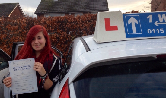Passed on 13th December 2013 at Colwick Driving Test Centre with the help of her Driving Instructor Cat Sambell