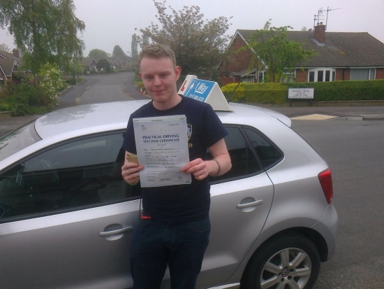 Passed on 1st May 2014 at Colwick Driving Test Centre with the help of his driving instructor Alex Sleigh