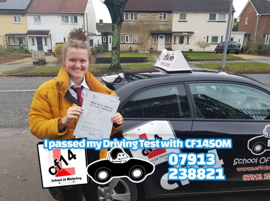 Many Congratulations Gwen from all of us at cf14 School of Motoring, FAB drive, FIRST time PASS through those lovely narrow lanes and driving into a really busy Aldi car park, WELL DONE. Hope to see you on Pass Plus and good luck with the interview this week xxx