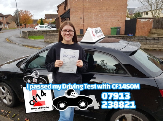 *** Many Congratulations From All Of Us At cf14 School of Motoring *** <br />
FANTASTIC drive First Time PASS with 2 minors, even with the test centre Manager sat in the back of the car, and idiots entering the car park whilst you were doing your manoeuvre!! WELL DONE