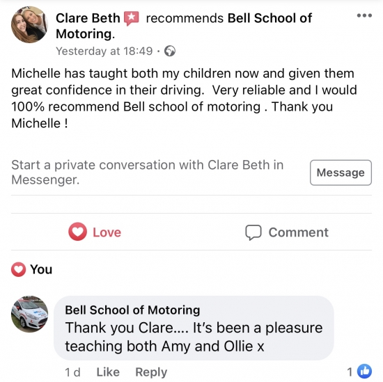 Another GREAT review for instructor Michelle and Bell School of Motoring