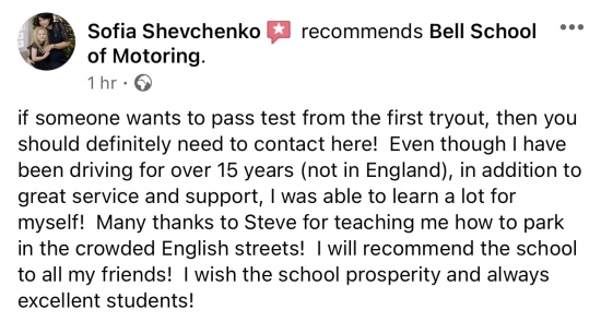 Great review for Instructor Steve and Bell School of Motoring