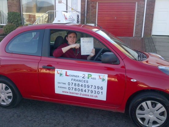 THANKS TO FRANCES I PASSED 1st TIME AND ONLY GOT 1 MINOR BRILLIANT INSTRUCTORVERY HELPFUL AND VERY FRIENDLY AND OVERALL WAS A BRILLIANT EXPERIENCE BEING TAUGHT BY HER OVER THE LAST MONTHS THANK-YOU