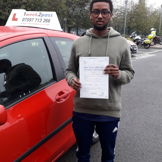 Congrats to Gideon on passing his test with 1week2pass driving school at his 1st attempt! He left a review on Google 'Great experience with great instructor would highly recommend'