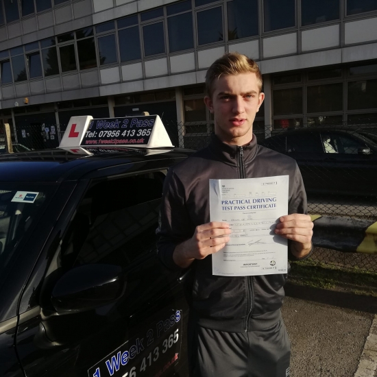 Callum passed at his 1st attempt with 1week2pass at Barnet test centre