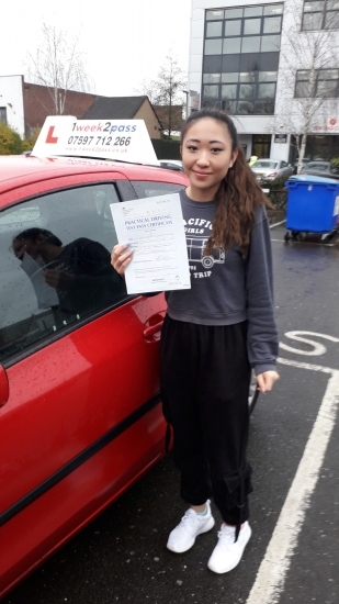 Christie passed at her 1st attempt with 1week2pass driving school @ borehamwood test centre