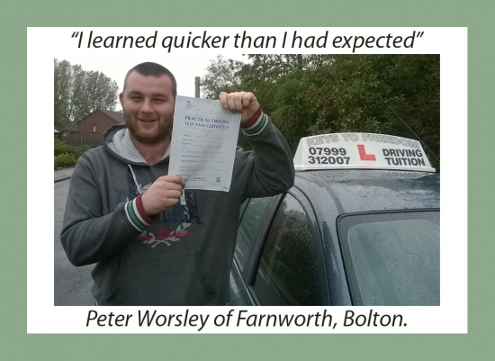 Driving school review, by Peter Worsley of Bolton.