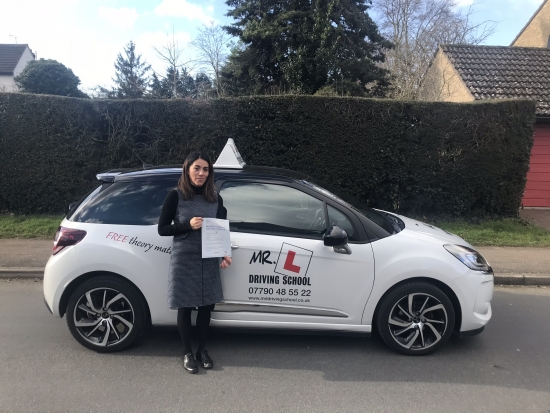 Congratulations to Virginia Vasconez who passed 1st time in Cambridge on the 26-2-18 after taking driving lessons with MRL Driving School