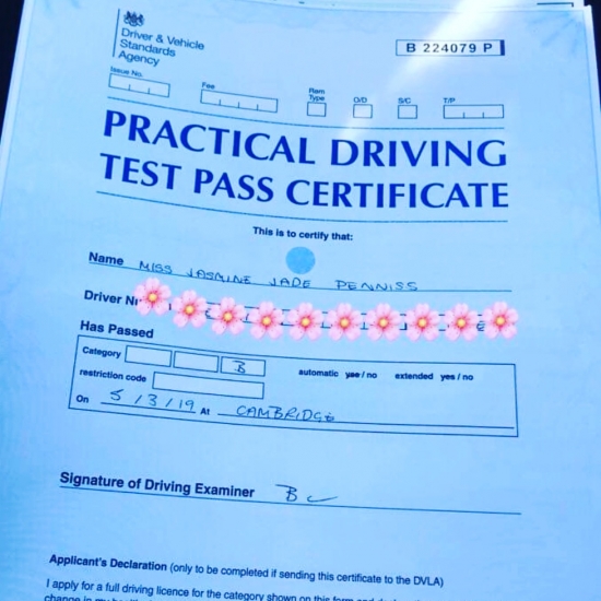 Congratulations to Jasmine Denniss from Bar Hill who passed in Cambridge on the 5-3-19 with ZERO driving faults after taking driving lessons with MR.L Driving School. An incredible achievement.