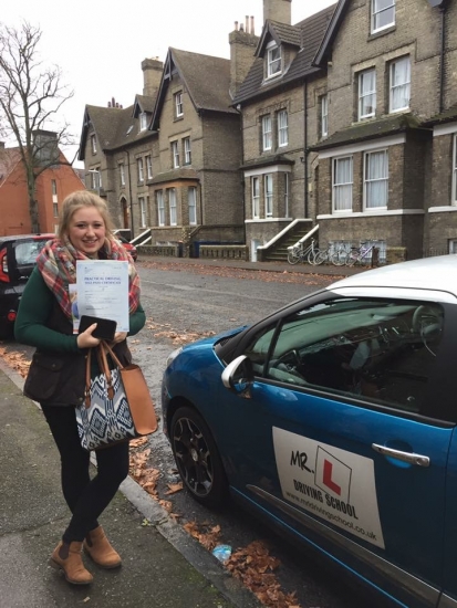 Congratulations to Jessica Savory from Fulbourn who passed in Cambridge on the 21-12-16 after taking driving lessons with MRL Driving School