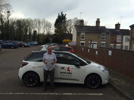 Congratulations to Len Smith from Newmarket who successfully regained his full driving licence after passing the extended driving test at the 1st attempt in Bury St Edmunds on the 14-4-16