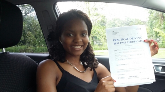 Annie Chirambo absolutely delighted to be showing her Pass Certificate after passing her driving test first time today A super drive witnessed by her instructor Salvina in torrential rain with only 2 driver faults - hence the picture inside so her special certificate didnacute;t get wet A fantastic result from her willingness to work hard on lessons always aiming to do well Congratulations a