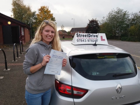 Congratulations to 'Ashleigh Helsby' who passed her driving test today at Trowbridge DTC, just SIX driving faults, great news.<br />
<br />

<br />
<br />
Well done from your instructor’s 'Roger' and ALL of us at StreetDrive (School of Motoring), may we wish you many years of safe driving - Passed Tuesday 24th October 2017.
