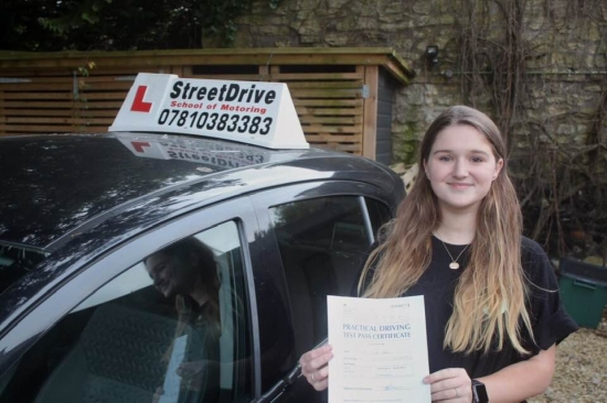 Congratulations 'Freya Disney” who passed her driving test at Chippenham DTC, it was her “1st” attempt, just the “one” driving fault, we are ALL delighted for you.<br />
<br />
Congratulations from your instructor 'Philip' and ALL of us at StreetDrive (School of Motoring), may we wish you many years of safe driving - Passed Tuesday 19th November 2019.