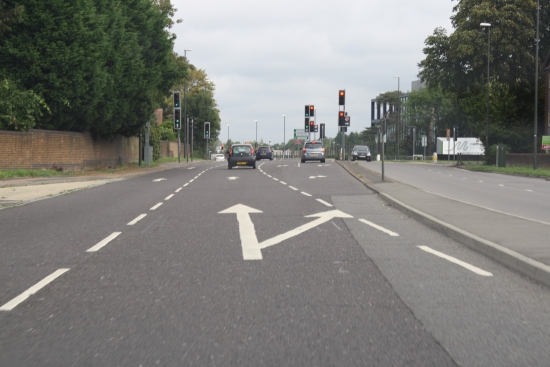 Right turn into Manor Royal two lanes go right watch your mirrors